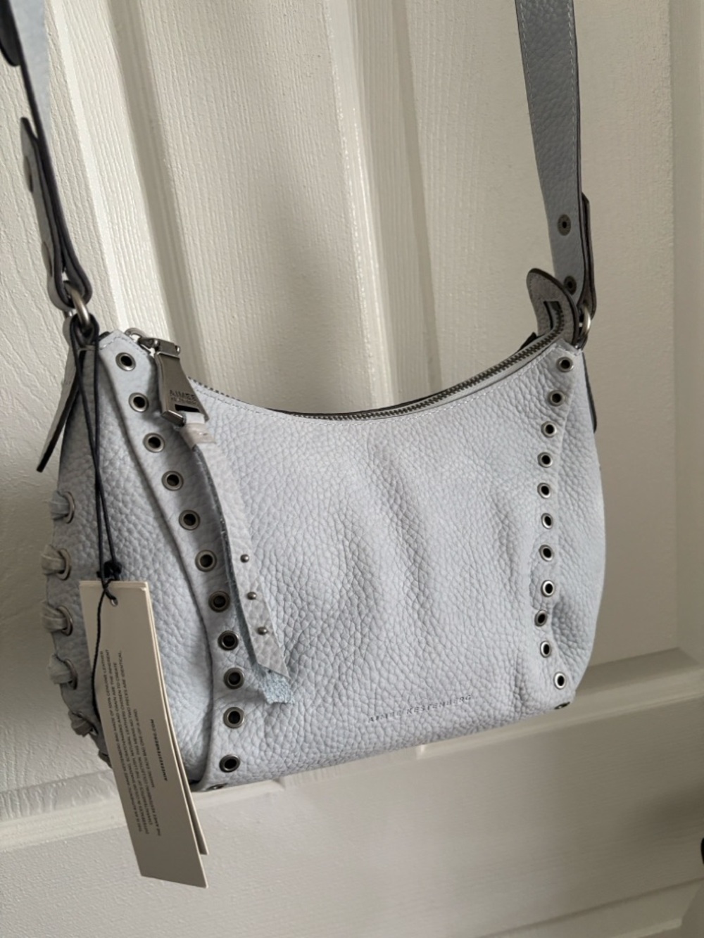 Aimee Kestenberg Arctic Blue Pebbled Leather Shoulder Bag with Grommet Detail